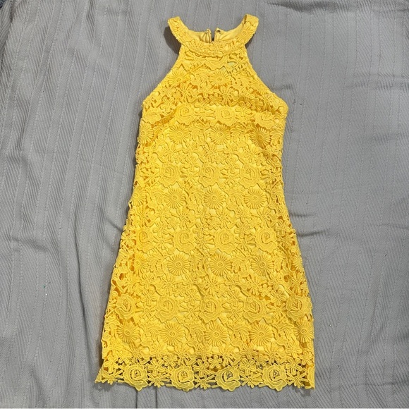 Lulus "Love Poem" mini dress, yellow, spring, summer, lace, no size tag - Picture 6 of 10